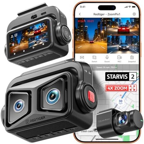 REDTIGER ZoomPix1 & OBD, Dash Cam Front and Rear, Telephoto+Wide Front Lenses for 100ft Plate Recognition, 4X Zoom, Dual STARVIS 2, 2K+1080P Recording, HDR Night Vision, 5.8GHz WiFi, Voice Control in Kuwait