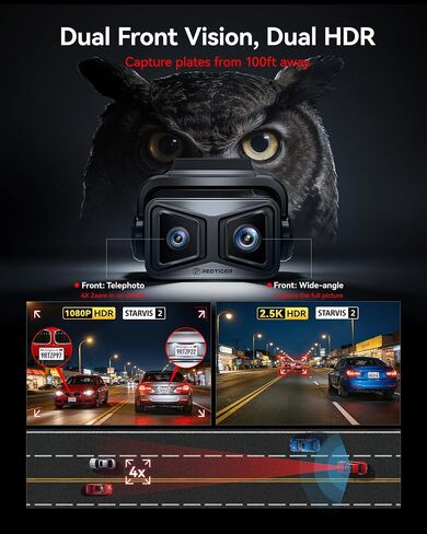 REDTIGER ZoomPix1 & OBD, Dash Cam Front and Rear, Telephoto+Wide Front Lenses for 100ft Plate Recognition, 4X Zoom, Dual STARVIS 2, 2K+1080P Recording, HDR Night Vision, 5.8GHz WiFi, Voice Control in Kuwait