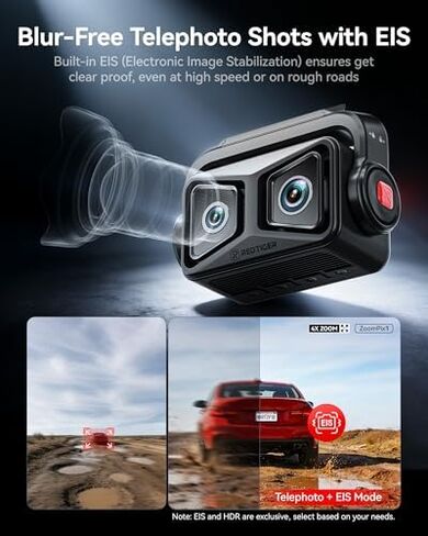 REDTIGER ZoomPix1 & OBD, Dash Cam Front and Rear, Telephoto+Wide Front Lenses for 100ft Plate Recognition, 4X Zoom, Dual STARVIS 2, 2K+1080P Recording, HDR Night Vision, 5.8GHz WiFi, Voice Control in Kuwait
