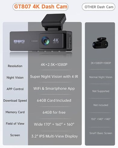 4K+2.5K+1080P 3 Channel Dash Cam Front, Rear, Inside, 64GB SD Card Included in Kuwait