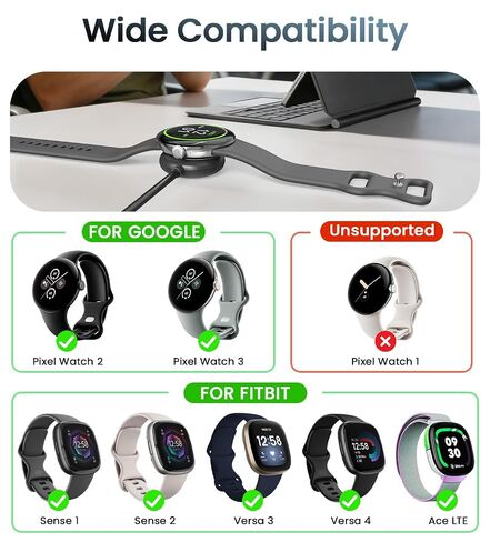 3.3Ft USB A+Type C Charger Cable Compatible with Google Pixel Watch 2/3 Charger Replacement Magnetic Charging Cable for Fitbit Sense 1/2, Versa 3/Versa4, Ace LTE Black in Kuwait