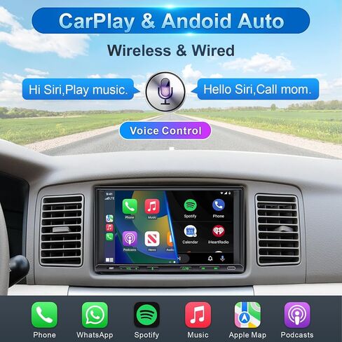 Double Din Car Stereo Wireless Apple CarPlay Android Auto, 7in Double Din Radio with Bluetooth, Mirror Link, Rearview Camera, Subwoofer/SWC/FM in Kuwait