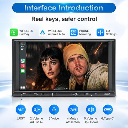Double Din Car Stereo Wireless Apple CarPlay Android Auto, 7in Double Din Radio with Bluetooth, Mirror Link, Rearview Camera, Subwoofer/SWC/FM in Kuwait
