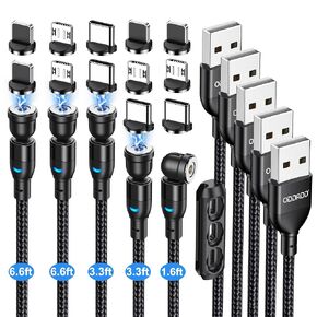 Magnetic Charging Cable 5-Pack (1.6/3.3/3.3/6.6/6.6FT), 540° Rotating Magnetic Phone Charger Cable with LED Light for Micro USB, USB C and i-Product Device in Kuwait