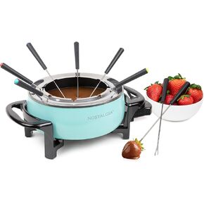 Nostalgia 12-Cup Electric Fondue Pot Set for Cheese & Chocolate - 8 Color-Coded Forks, Temperature Control - Stainless Steel Kitchen Gadgets and Appliances for Hors d'Oeuvres and More - Aqua in Kuwait
