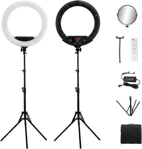 22inch LED Ring Lights Kit with Tripod Mirror, 100w Continuous Output Lighting for Makeup Tattoo Nail Studio Live Stream, Adjustble Bi-Color Ring Lamp for YouTube Vlog (FE640, Black) in Kuwait