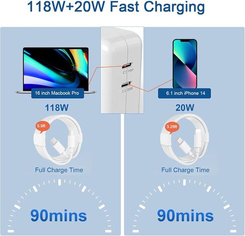 Djsanu Mac Book Pro Charger 138W USB C Charger Compatible with MacBook Pro 16, 15, 14, 13 Inch, MacBook Air 13 Inch, iPad Pro and More USB C Devices, Include 2 Cables in Kuwait
