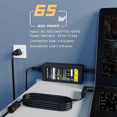 Fancy Buying 65W Charger Ac Adapter for Dell Laptop Charger Compatible with Latitude Vostro Inspiron15 Charger HA65NS5-00 Supply Cord 2 in 1 Round Tip Replacement (4.5x3.0mm and 7.4x5.0mm) in Kuwait