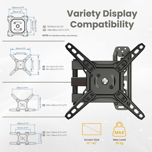 Utopia Home TV Wall Bracket, fits 13-42 inch Flat & Curved TVs, Space Saving Design, Swivels/Tilts/Extends/Rotates, Holds up to 20 Kg, Max VESA 200x200mm in Saudi Arabia