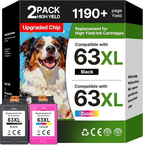 63XL Ink Cartridges Black and Color Compatible for HP Ink 63, High Yield for HP 63XL Ink Cartridge Combo Pack Work for OfficeJet 3830 4650 5255 5258 Envy 4520 4512 DeskJet 3630 1112 (1 Black,1 Color) in Kuwait