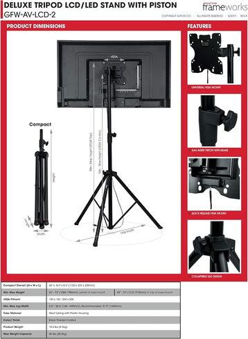 Gator Frameworks Deluxe Adjustable Tripod LCD/LED TV Monitor Stand with Lift Piston, Fits Screens up to 48" (GFW-AV-LCD-2) in Kuwait