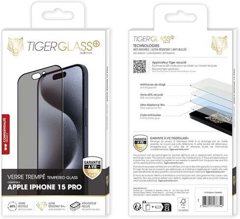 Muvit Tiger Glass Plus Privacy Recycled Tempered Glass for iPhone 15 Pro – Screen Protector Limiting the Angle of View – Heavy Duty 9H+ Glass – Anti-Fingerprint and Easy to Apply, Lifetime Warranty in Kuwait
