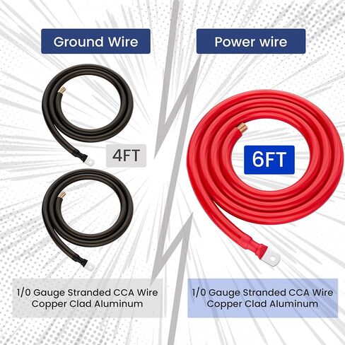 Big 3 Complete Upgrade Electrical Wiring Kit, True Spec 1/0 Gauge Copper Clad Aluminum Battery Cable, Primary Automotive Wire, Car Amplifier Power & Ground Cable Kit, Car Audio Speaker Systems in Kuwait
