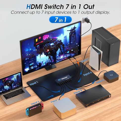 HDMI Switch 7 in 1 Out, 4K60Hz HDMI Switcher with Remote, H-DMI Selector Box Support UltraHD Dolby HDR10 2.0 HDCP 2.2 3D, HD-MI Splitter Compatible with Xbox PS5/4/3 Blu-Ray Player Fire Stick in Kuwait