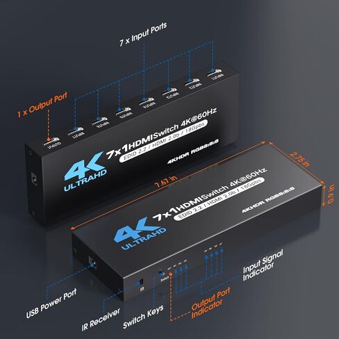 HDMI Switch 7 in 1 Out, 4K60Hz HDMI Switcher with Remote, H-DMI Selector Box Support UltraHD Dolby HDR10 2.0 HDCP 2.2 3D, HD-MI Splitter Compatible with Xbox PS5/4/3 Blu-Ray Player Fire Stick in Kuwait