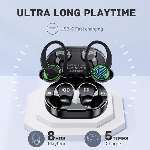 for Samsung Galaxy S23 S4 S25+ Ultra Bluetooth 5.3 Headphones 3D Stereo with Earhook, 40H Touch Control Over Ear Headphones, IP7 Waterproof Earphones Built-in Mic for Running Workout Sport in Kuwait