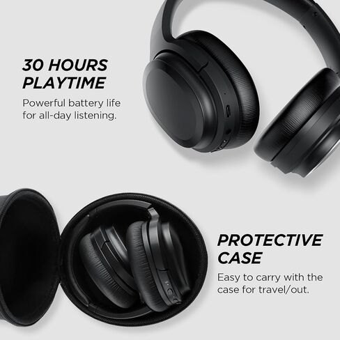 Hybrid Active Noise Cancelling Headphones Wireless Bluetooth Headphones Over Ear Wireless with Deep Bass, Clear Calls, Comfortable Fit, 30H Playtime, Travel Case, Black Pair in Kuwait