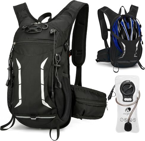 Small Hydration Cycling Backpack with 2L Water Bladder for Men Women, 15L Waterproof Hiking Backpack with Helmet Buckle & Waist Pocket & Chest Strap for MTB Biking, Black in Kuwait