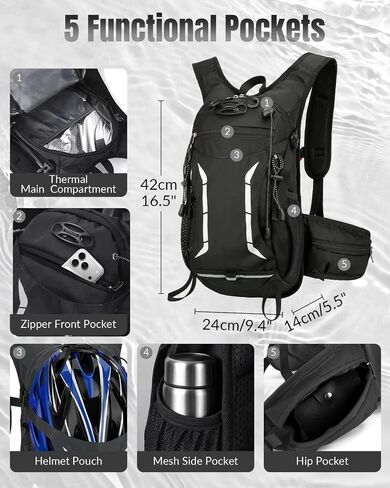 Small Hydration Cycling Backpack with 2L Water Bladder for Men Women, 15L Waterproof Hiking Backpack with Helmet Buckle & Waist Pocket & Chest Strap for MTB Biking, Black in Kuwait