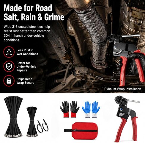 Metal Zip Tie Gun Kit: 316 Ties for exhaust wrap, mufflers and hot in Kuwait