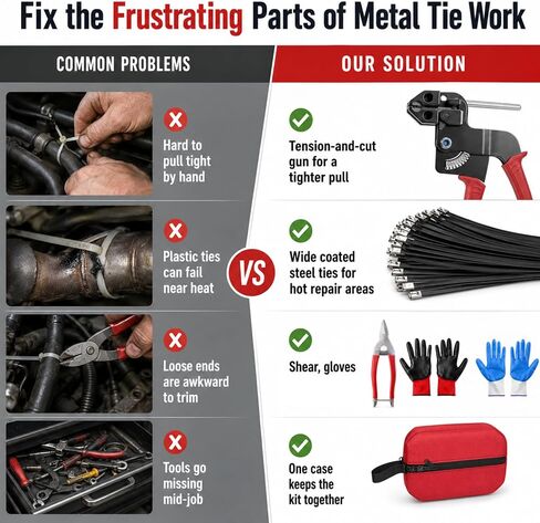 Metal Zip Tie Gun Kit: 316 Ties for exhaust wrap, mufflers and hot in Kuwait