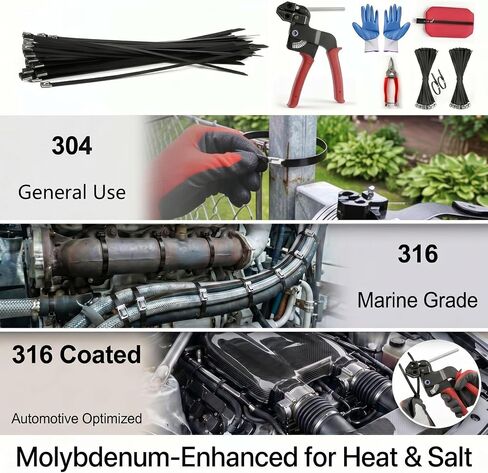 Metal Zip Tie Gun Kit: 316 Ties for exhaust wrap, mufflers and hot in Kuwait
