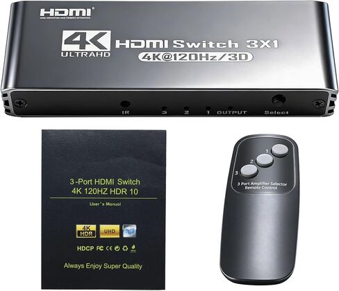 HDMI 2.0 Switch 3X1 4K@120Hz HDMI Switcher with Remote Control Supports DTS Dolby Compatible with Laptops PC Xbox Series PS5 / PS4 Projector and More in Kuwait