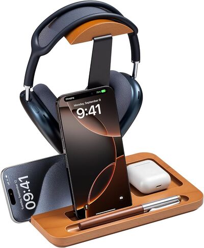 Wood Aluminum Headphone Stand for Desk, Gaming Headset Holder with Multi-Slot Storage for Phone, iPad, Pen, Heavy 18mm Solid Base Compatible with AirPods Max, Bose, JBL Headphones in Kuwait