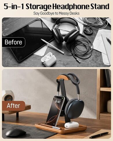 Wood Aluminum Headphone Stand for Desk, Gaming Headset Holder with Multi-Slot Storage for Phone, iPad, Pen, Heavy 18mm Solid Base Compatible with AirPods Max, Bose, JBL Headphones in Kuwait