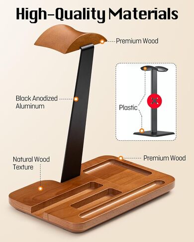 Wood Aluminum Headphone Stand for Desk, Gaming Headset Holder with Multi-Slot Storage for Phone, iPad, Pen, Heavy 18mm Solid Base Compatible with AirPods Max, Bose, JBL Headphones in Kuwait