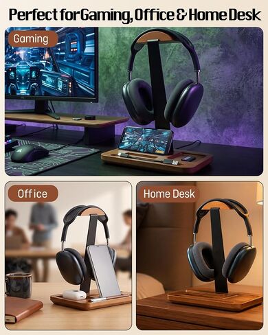 Wood Aluminum Headphone Stand for Desk, Gaming Headset Holder with Multi-Slot Storage for Phone, iPad, Pen, Heavy 18mm Solid Base Compatible with AirPods Max, Bose, JBL Headphones in Kuwait