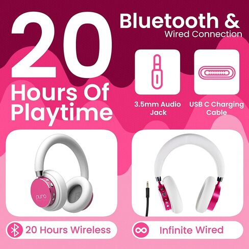 Puro Sound Labs BT2200 Plus Volume Limited Headphones for Kids - Bluetooth, Studio-Grade Audio, Over-Ear & Comfy Design, 20-Hour Battery Life, Easy to Connect Wireless Headphones for Kids, Blue & Pink in Kuwait