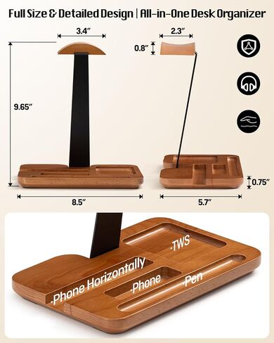 Wood Aluminum Headphone Stand for Desk, Gaming Headset Holder with Multi-Slot Storage for Phone, iPad, Pen, Heavy 18mm Solid Base Compatible with AirPods Max, Bose, JBL Headphones in Kuwait
