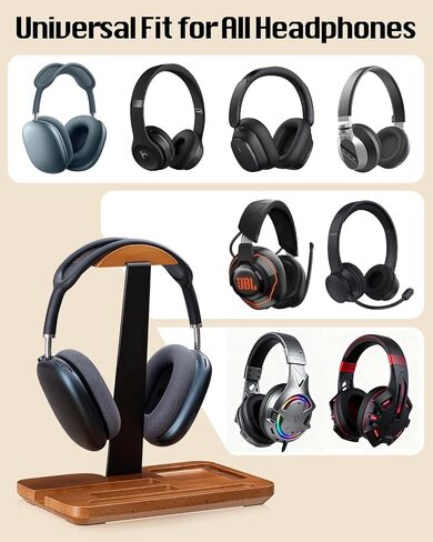 Wood Aluminum Headphone Stand for Desk, Gaming Headset Holder with Multi-Slot Storage for Phone, iPad, Pen, Heavy 18mm Solid Base Compatible with AirPods Max, Bose, JBL Headphones in Kuwait