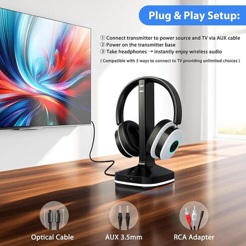 Wireless Headphones for TV Watching, TV Headphones Wireless for Seniors with Transmitter Charging Base, Over Ear Headset with 3 Audio Modes, No Audio Delay Blutooth 5.4, Gifts for Parents, Black&White in Kuwait