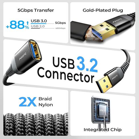 AINOPE USB Extension Cable 10FT USB 3.0 Extender Male to Female Cord Black in Kuwait