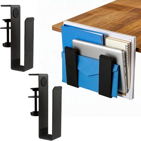 2 Pack Adjustable Desk Side Laptop Holder, Heavy-Duty Metal Desk Side Storage, Hanging Organizer with Tool-Free Clamp (6.97"x1.77", Black) in Kuwait