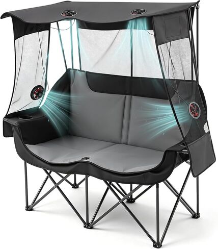 Teenyyou Double Camping Chair with Canopy Shade and Fan & 3 Speed Airflow 660 Lbs Heavy Duty 2 Person Beach Chair, Folding Camping Loveseat with Cup Holder for Lawn Beach Outdoor Sport (No Battery) in Kuwait
