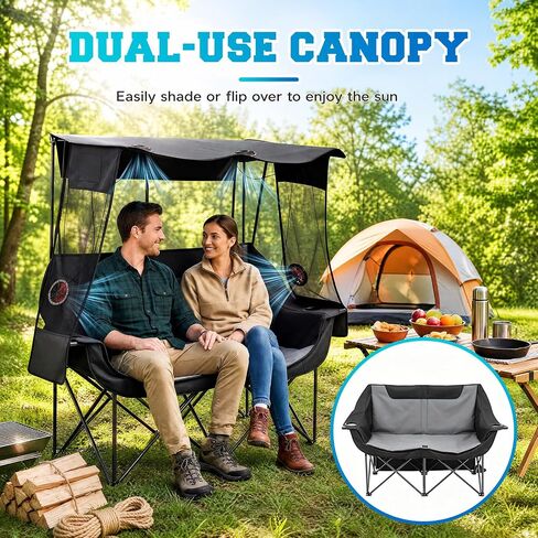 Teenyyou Double Camping Chair with Canopy Shade and Fan & 3 Speed Airflow 660 Lbs Heavy Duty 2 Person Beach Chair, Folding Camping Loveseat with Cup Holder for Lawn Beach Outdoor Sport (No Battery) in Kuwait