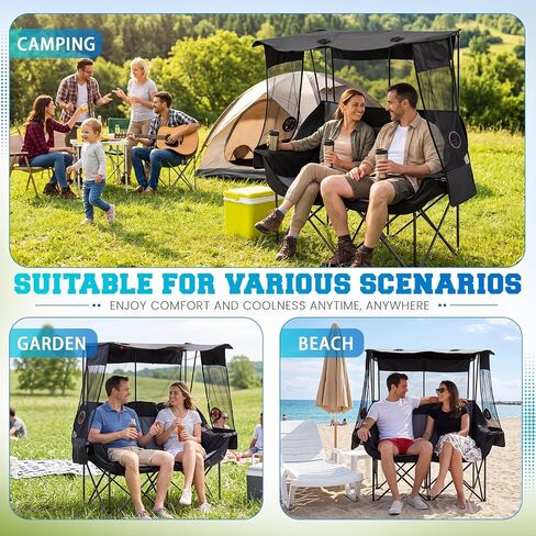 Teenyyou Double Camping Chair with Canopy Shade and Fan & 3 Speed Airflow 660 Lbs Heavy Duty 2 Person Beach Chair, Folding Camping Loveseat with Cup Holder for Lawn Beach Outdoor Sport (No Battery) in Kuwait