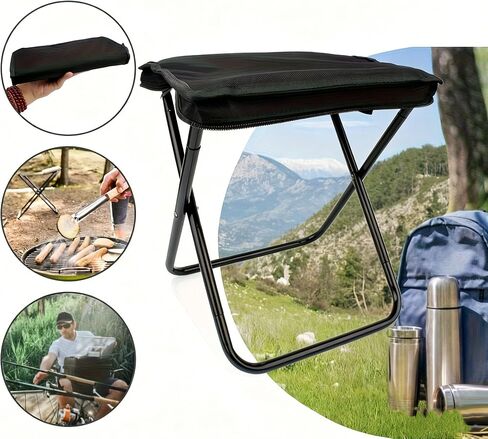 Portable Collapsible Stool, Camping Chair, Handbag Style Pocket Foldable Stool for Camping, Travel, Outdoor,Black in Kuwait