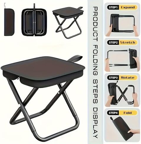 Portable Collapsible Stool, Camping Chair, Handbag Style Pocket Foldable Stool for Camping, Travel, Outdoor,Black in Kuwait