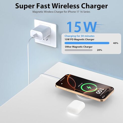 Magnetic Wireless Charger [Apple MFi Certified], 3.3FT 15W Fast Apple Mag-Safe Charger Pad with USB C Fast Charging Block Compatible with iPhone 17/Air/Pro/Pro Max/16/15/14/13/Plus/Pro/Pro Max,AirPods in Kuwait