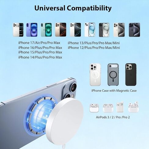 Magnetic Wireless Charger [Apple MFi Certified], 3.3FT 15W Fast Apple Mag-Safe Charger Pad with USB C Fast Charging Block Compatible with iPhone 17/Air/Pro/Pro Max/16/15/14/13/Plus/Pro/Pro Max,AirPods in Kuwait