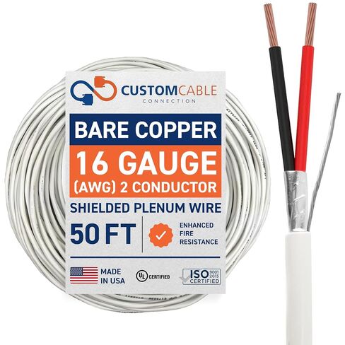 16 Gauge Wire (16 AWG) – 2 Conductor Stranded Copper Shielded Cable – 16/2 Home Electrical Wire – Low Voltage Up to 300V – CMP/CL3P Low Smoke Plenum Jacket – USA Made (100ft - White) in Kuwait