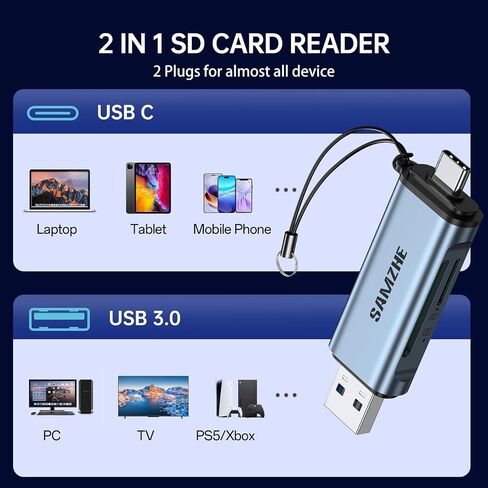 SAMZHE SD Card Reader USB C, USB 3.0 Micro SD Card Reader 2 in 1 Memory Card Reader for MicroSD SDHC SDXC Compatible with PC Computer MacBook Laptop iPad iPhone 17 16 15 Pro/Pro Max in Kuwait