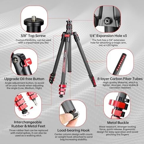 Manbily Carbon Fiber Tripod with 36mm Ball Head, 59.8" Travel Tripods with Metal Flip Buckle for Camera, Max Load 22lbs in Kuwait