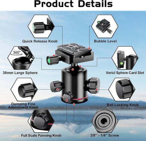 Manbily Carbon Fiber Tripod with 36mm Ball Head, 59.8" Travel Tripods with Metal Flip Buckle for Camera, Max Load 22lbs in Kuwait