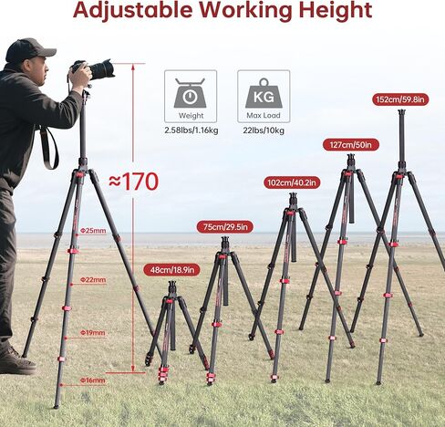 Manbily Carbon Fiber Tripod with 36mm Ball Head, 59.8" Travel Tripods with Metal Flip Buckle for Camera, Max Load 22lbs in Kuwait