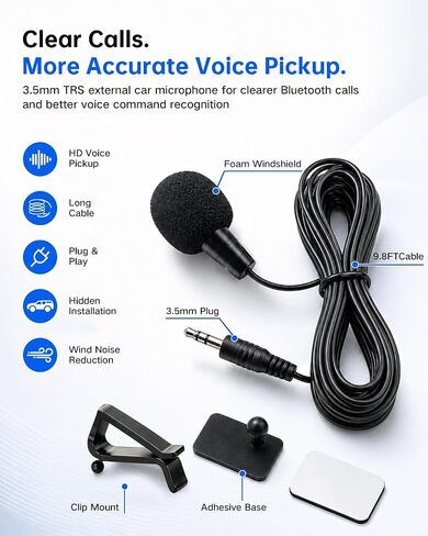 Car Microphone 3.5mm TRS External Mic for Bluetooth Car Stereo, Hands-Free Microphone for Android Head Unit, GPS Radio & DVD Player, Plug and Play with 3M Cable, Clip & Adhesive Mount in Saudi Arabia